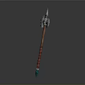 Medieval Axe Weapon with Wooden Handle Red Decorations Metal Head and Green Gemstone