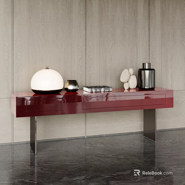 Red Glossy Console Table With Silver Metal Legs White Lamp Stone Decor And Books 3d model 
