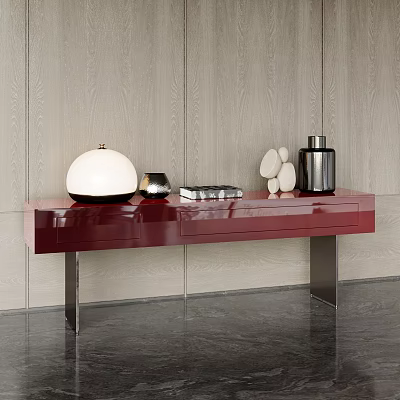 Red Glossy Console Table With Silver Metal Legs White Lamp Stone Decor And Books 3d model