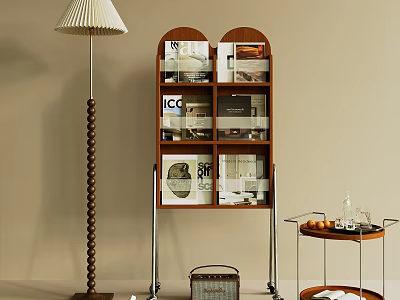 Modern Wooden Bookshelf With Open Storage Shelves Holding Books Magazines And Floor Lamp Side Cart 3d model