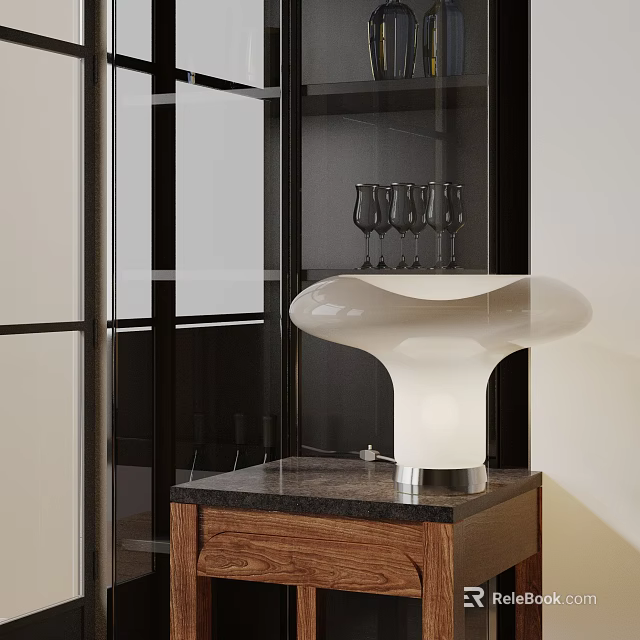 Modern Stylish Table Lamp With White Curved Shade On Wooden Cabinet Marble Top 3d model 