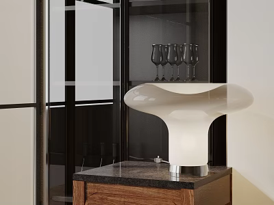 Modern Stylish Table Lamp With White Curved Shade On Wooden Cabinet Marble Top 3d model