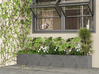 Lush Green Plant Wall With Monstera Vines White Flowers And Gray Planter By Window 3d model