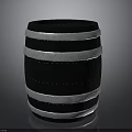 Cylindrical Black Wooden Barrel With Silver Metal Hoops And Riveted Design