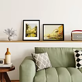 Stylish Photo Frames On Wall Shelf With Green Sofa Decorative Pillows And Lavender Vase