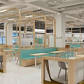 Bright Restaurant Interior With Wooden Frames Teal Benches And Open Layout 3d model