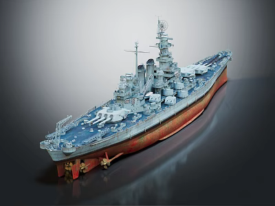 Battleship 3D Render With Blue Deck Red Hull And Detailed Superstructure Turret Design 3d model