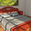 Classic Wooden Double Bed With Carved Headboard Gray Quilt Pillows Nightstands Scenic Painting