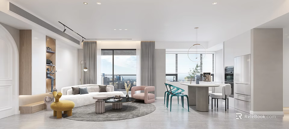 Modern Living and Dining Room Interior With Sofa Dining Table And Large Windows 3d model