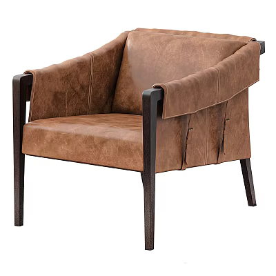 Modern Brown Leather Leisure Chair with Dark Wooden Frame and Comfortable Armrests 3d model
