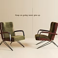 Vintage Green Leisure Chairs with Wooden Armrests and Metal Legs Classic Design