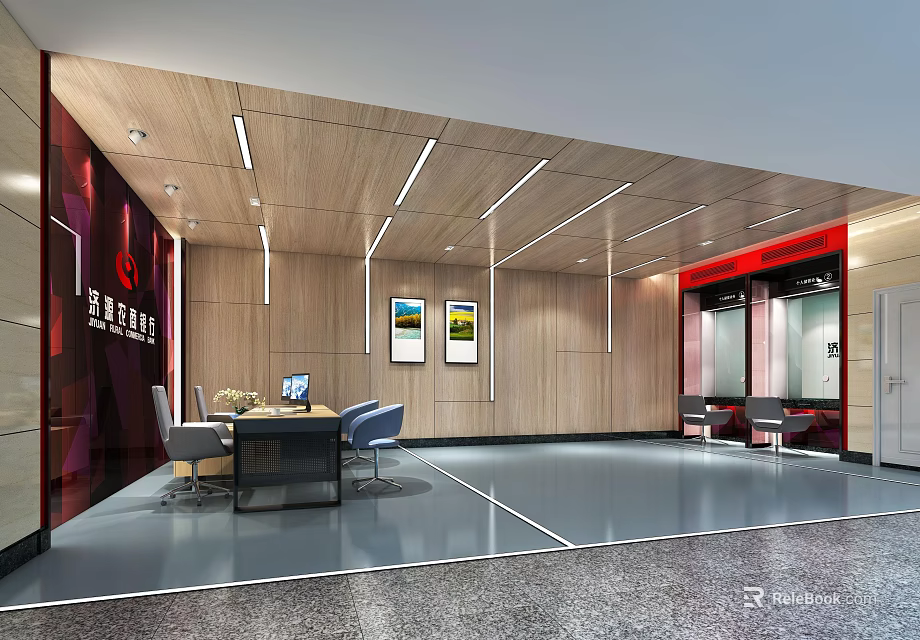Modern Bank Interior Design Featuring Reception Area Office Desk And Wall Paintings 3d model 