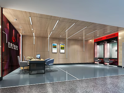 Modern Bank Interior Design Featuring Reception Area Office Desk And Wall Paintings 3d model