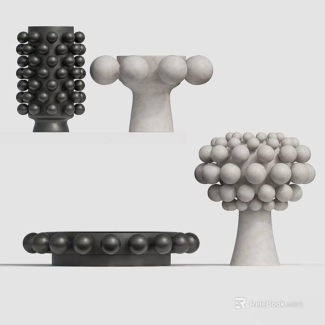 Black And White Decorative Ornament Set With Spherical Balls And Cylindrical Bases 3d model 