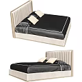 Modern Double Bed With Upholstered Headboard Black Bedding And Beige Decorative Pillows