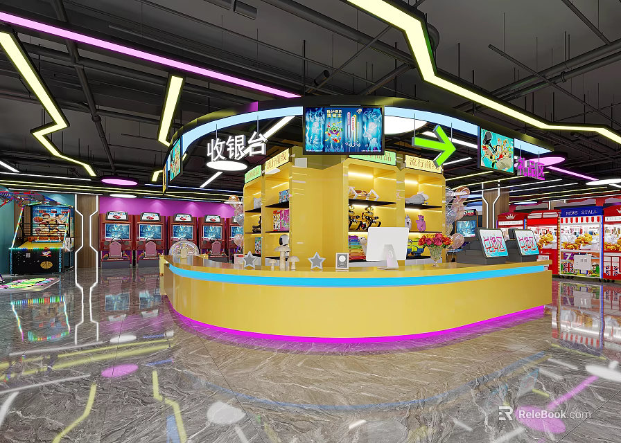Amusement Park Interior With Colorful Cashier Counter Neon Lights And Arcade Games 3d model 