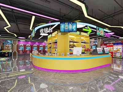 Amusement Park Interior With Colorful Cashier Counter Neon Lights And Arcade Games 3d model
