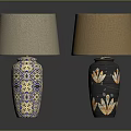 Ornate Table Lamps With Beige And Brown Shades And Blue Black Bases With Gold Accents