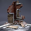 Damaged Brick Wall Structure With Wooden Door Window Frame And Concrete Base Debris