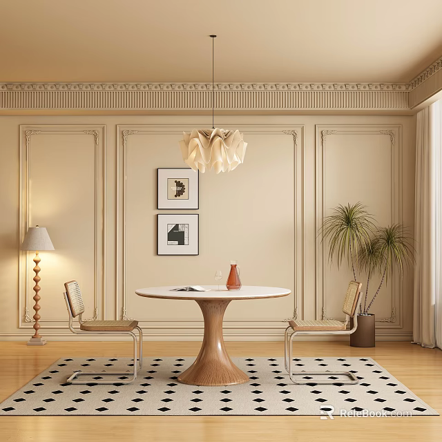 Elegant Modern Restaurant Interior With Round Dining Table Chairs And Pendant Light 3d model