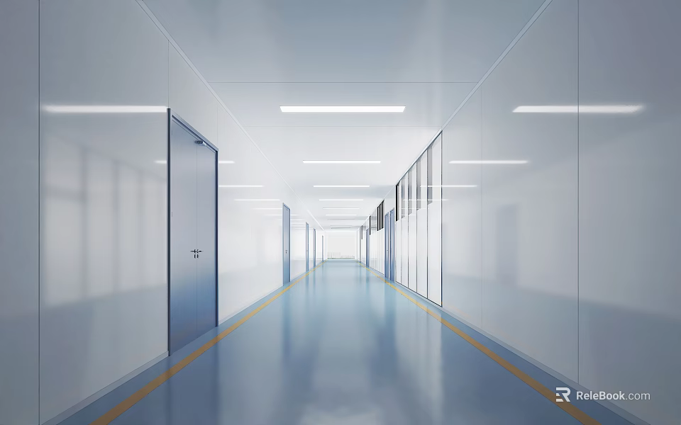 Modern Office Corridor Interior With White Walls Blue Flooring Yellow Lines And Ceiling Lighting 3d model 