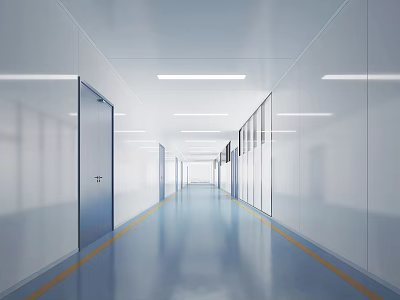Modern Office Corridor Interior With White Walls Blue Flooring Yellow Lines And Ceiling Lighting 3d model