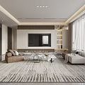 Modern Living and Dining Room Interior With Beige Sofas Coffee Tables Area Rug And Decorative Art
