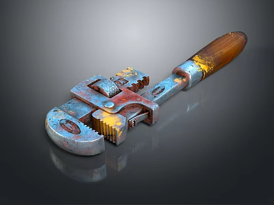 Rusty Wrench With Wooden Handle And Red Yellow Rust On Dark Reflective Background 3d model