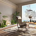 Indoor Landscape Design With Rocking Chair Patterned Rug Green Plants And Large Window Blinds