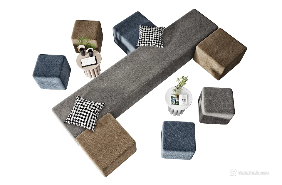 Modern Modular Sofa and Coffee Table Set with Checkered Pillows and Multi Colored Cushions 3d model