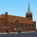 Historic Church Building With Green Spire Red Brick Exterior And Ornate Details