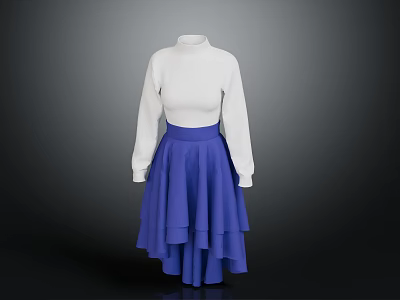 White High Neck Long Sleeve Top With Blue Layered Asymmetrical Hem Skirt 3d model
