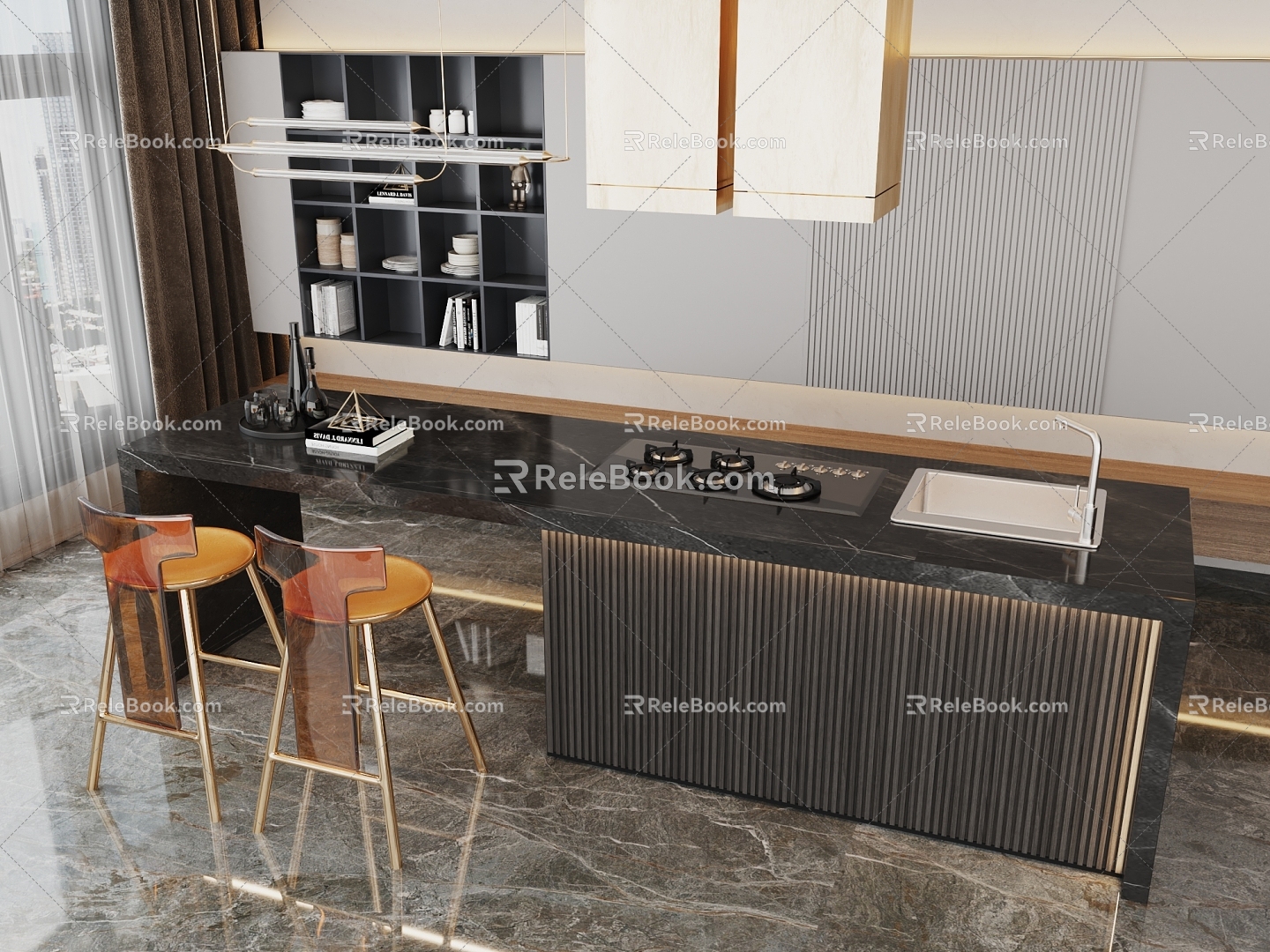 Restaurant Dining Table and Chair Combination Nakajima Bar Bar Chair Chandelier 3d model