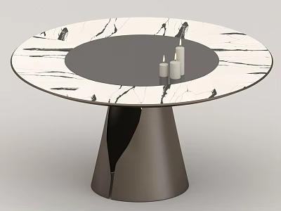 Round Dining Table With Marble Tabletop Gray Center And Metal Base With Candles 3d model