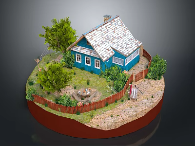 Blue Miniature House Model With White Tile Roof Green Trees And Wooden Fence 3d model