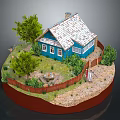 Blue Miniature House Model With White Tile Roof Green Trees And Wooden Fence