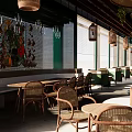 Cozy Café Interior Featuring Wooden Tables Chairs Hanging Green Plants And Colorful Decor
