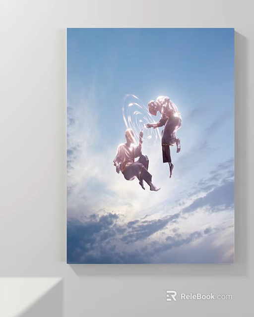 Dynamic Abstract Painting Of Floating Figures With Energy Rings And Blue Sky White Clouds 3d model 