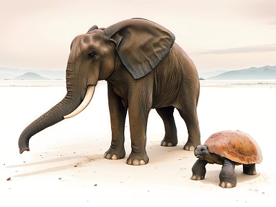 Reptile Tortoise Walking On Sandy Ground With Elephant And Mountain Background 3d model