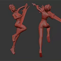 3D Female Character With Sporty Outfit Holding Weapon In Jumping Pose Front Back Views