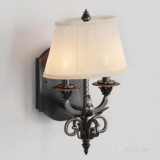 Vintage Style Wall Sconce With Light Fabric Shade And Black Metal Ornate Bracket 3d model 