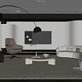 Modern Living Room Interior With Beige Sofa Brown Armchair And Arched Floor Lamp