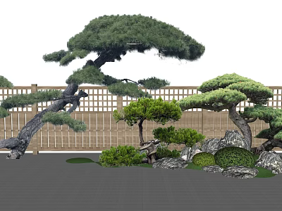 Traditional Japanese Garden With Pine Trees Bamboo Fence Rocks And Greenery 3d model