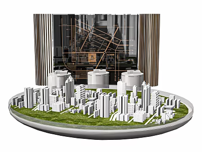 Commercial Equipment City Model Display with Miniature Building Models and Green Base 3d model