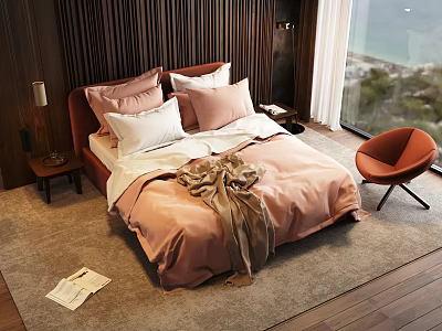 Double Bed In Modern Bedroom With Wooden Walls Sea View And Orange Chair 3d model