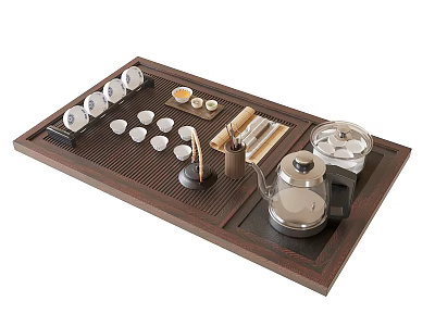 Traditional Wooden Tea Set with Brown Tray White Teacups Glass Teapot and Accessories 3d model