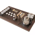 Traditional Wooden Tea Set with Brown Tray White Teacups Glass Teapot and Accessories