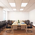Modern Conference Room with Long Table Black Chairs White Walls Wooden Floor and City View
