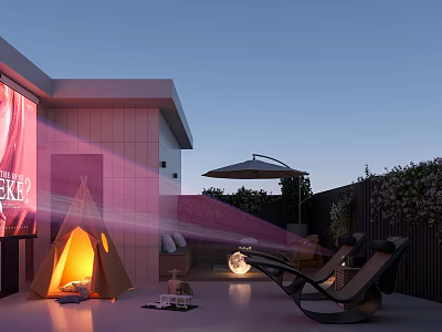 Modern Garden Outdoor Relaxation Lounge With Teepee Fire Pit Umbrella And Projection 3d model