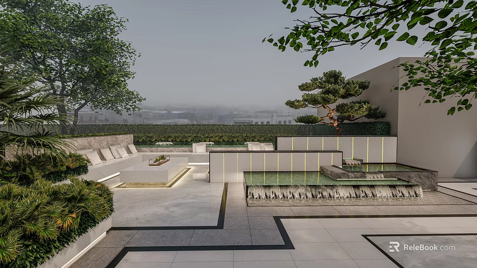 Stunning Roof Garden With Lush Greenery Seating Area And Decorative Water Features 3d model 